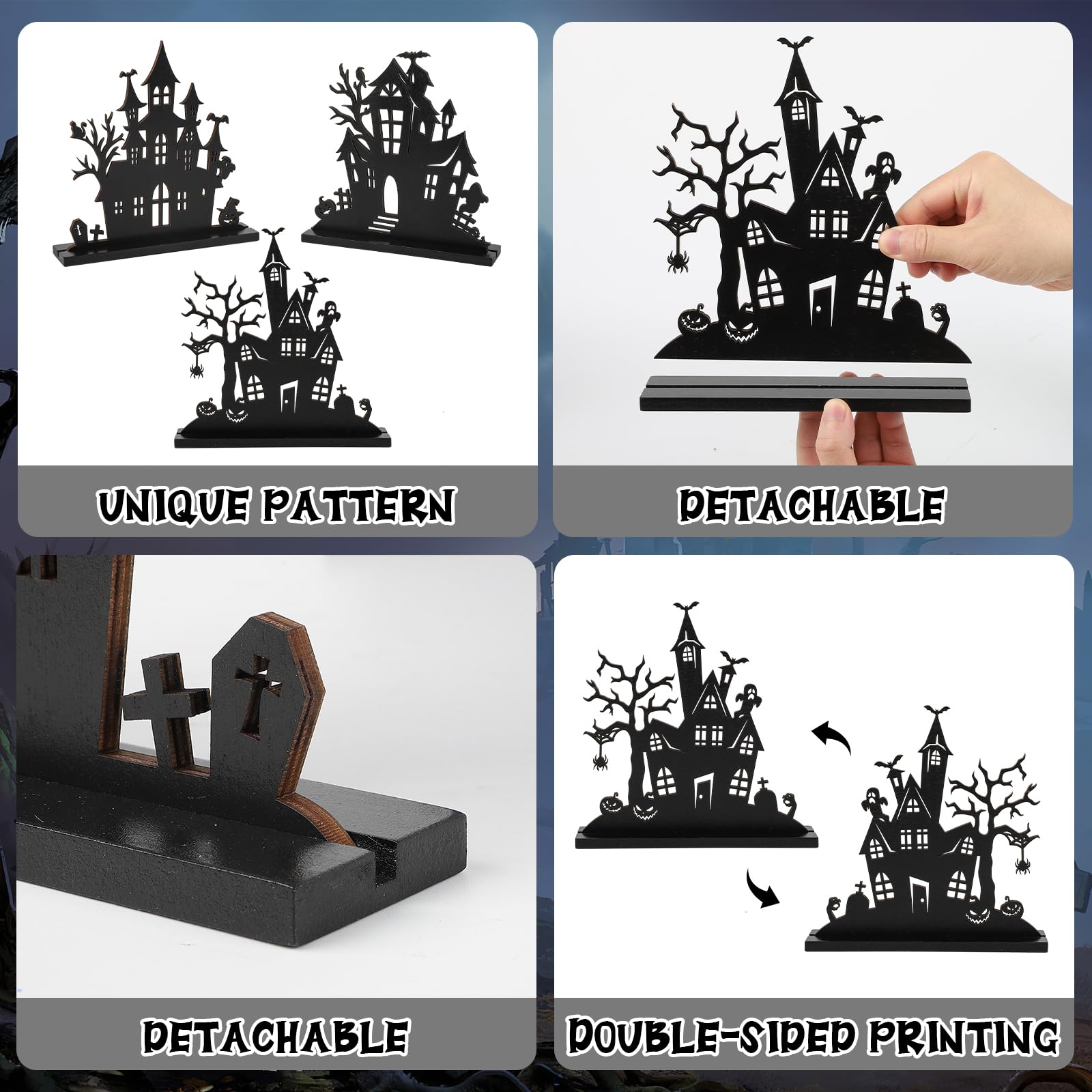 3Pcs Halloween Wooden Tabletop Centerpiece Decorations,Wooden Double-Sided Printing Silhouette Sketch Ghost House Decoration Ornaments,Halloween Desk Tiered Tray Decor for Indoor Home Kitchen Party