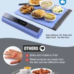 7-Level Roll-Up Electric Food Warming Mat - Full Surface Silicone Rapid Heating Mat Keeps Food Evenly Heated - Simple Controls Electric Warming Tray to Make Your Gatherings Enjoyable - Blue