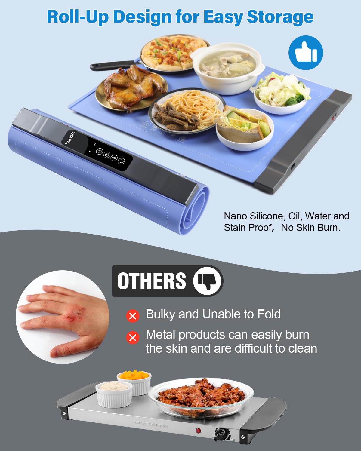 7-Level Roll-Up Electric Food Warming Mat - Full Surface Silicone Rapid Heating Mat Keeps Food Evenly Heated - Simple Controls Electric Warming Tray to Make Your Gatherings Enjoyable - Blue