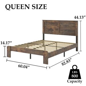 DWOYFO Wood Platform Bed Frame, Queen Size Bed Frame with Headboard and Wood Slat Support, Easy Assembly, No Box Spring Neede, Dark Brown