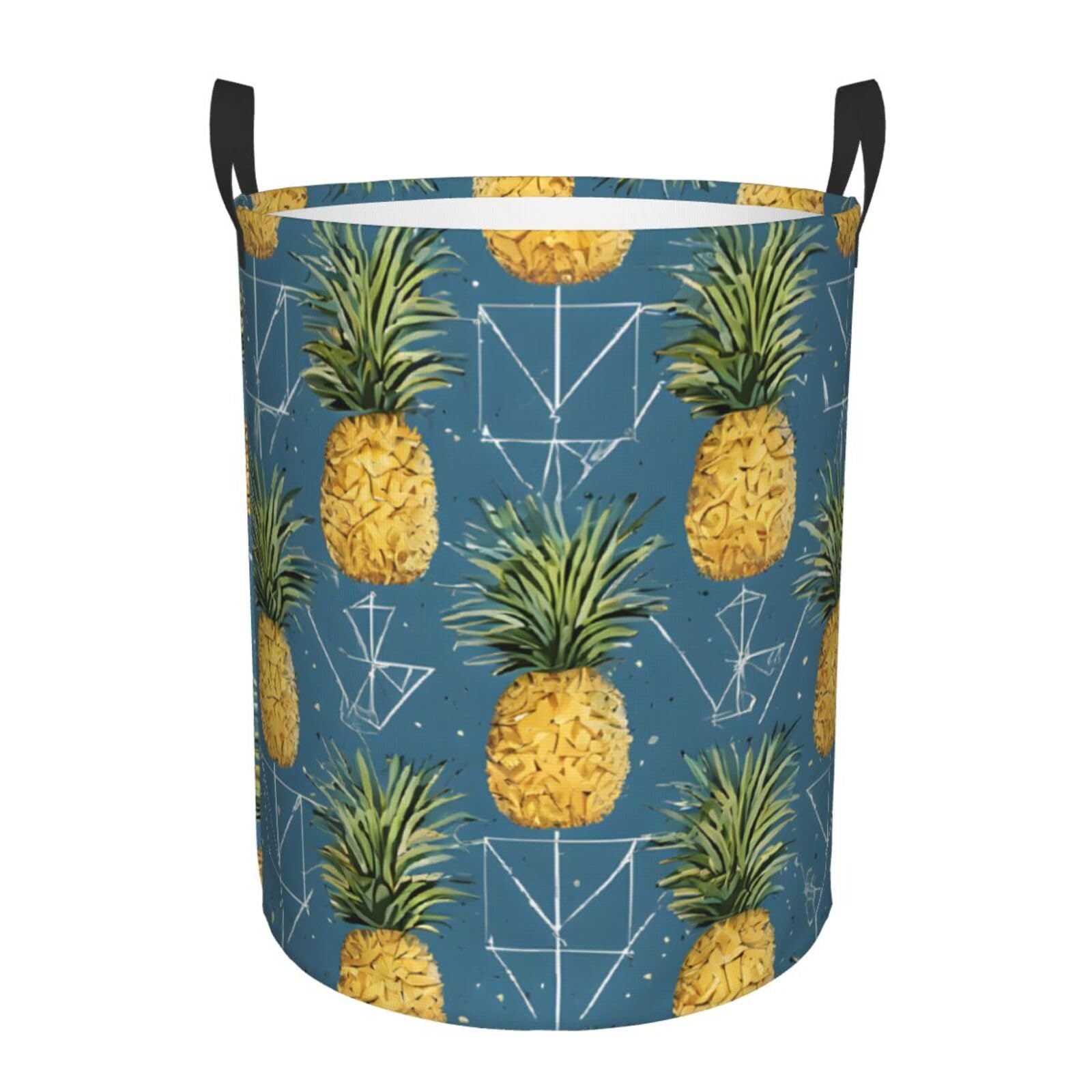 Gold Pineapple Background Printed Circular Hamper Laundry Basket For Bathroom Toy Storage Organizer Basket Collapsible Round With Handles Laundry Hamper