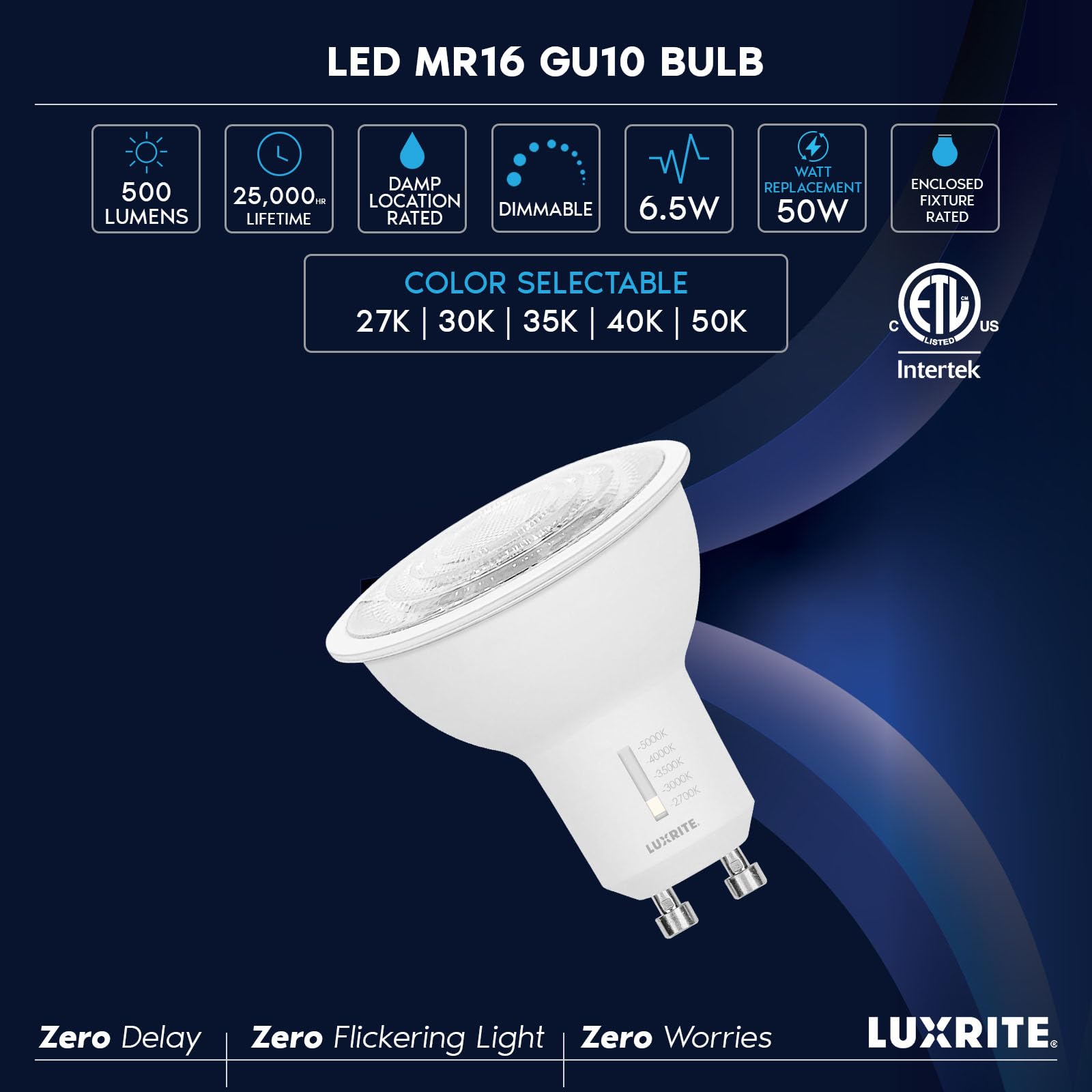 LUXRITE GU10 LED Bulbs Dimmable, 50W Halogen Equivalent, 5 Color Selectable 2700K-5000K, 6.5 Watt, 500 Lumens, 120V Spotlight LED Bulb GU10, Enclosed Fixture Rated (4 Pack)