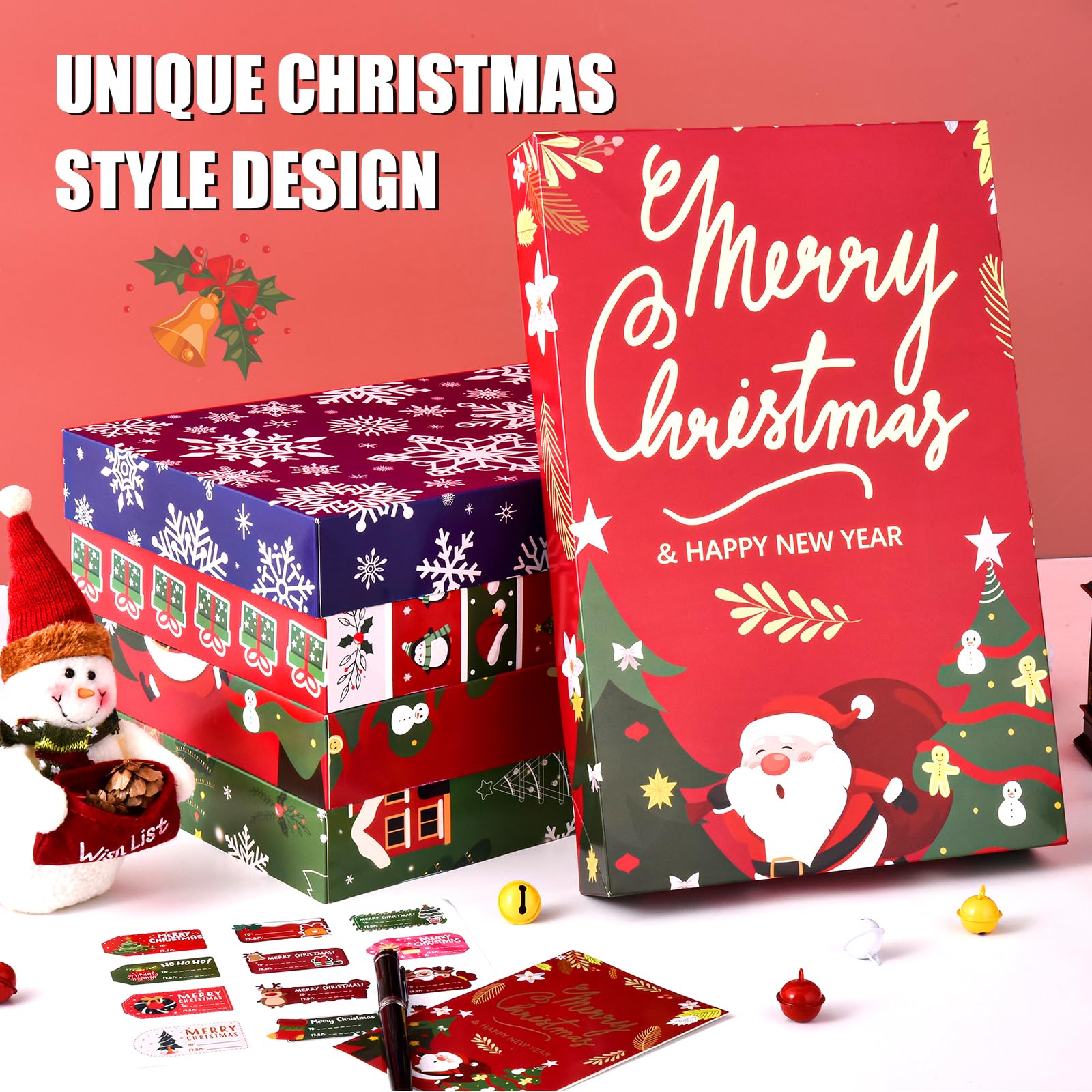 Uvaluefeet Christmas Gift Boxes with Lids, 12 Pack Patterned Shirt Clothes Boxes(12 Clothing Gift Boxes, 4 Designs: 3 Pieces Per Design & 1 Christmas Label Sticker) for Christmas Wrapping