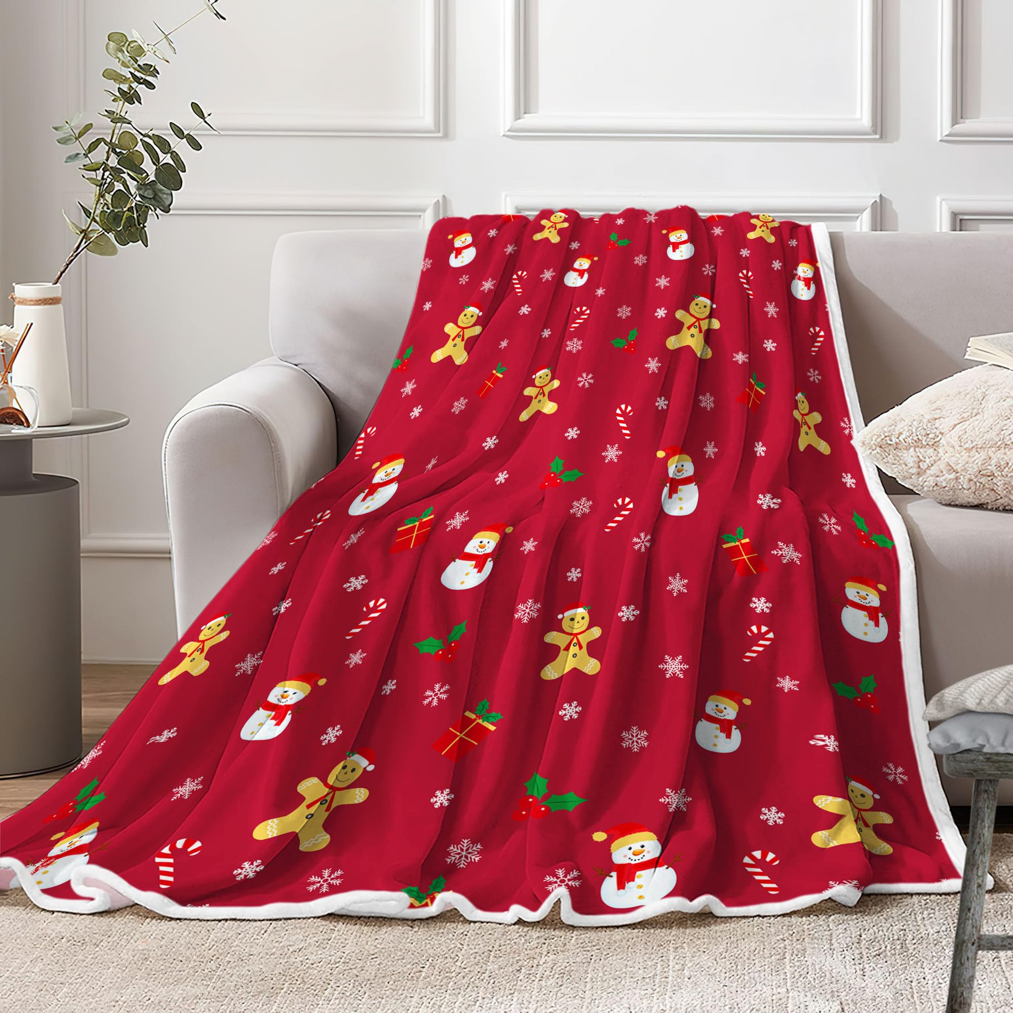 Christmas Gingerbread Blanket, Red Xmas Snowman Snowflake Gingerbread Cherry Throw Blanket, for Boys Girls Lightweight Soft Plush Blankets Couch Sofa Bed Blanket 50"X60"in