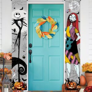 Jack Skellington Sally Banner Nightmare Before Christmas Halloween Decorations Porch Door Sign Welcome Banner Indoor Outdoor Wall Home Party Supplies