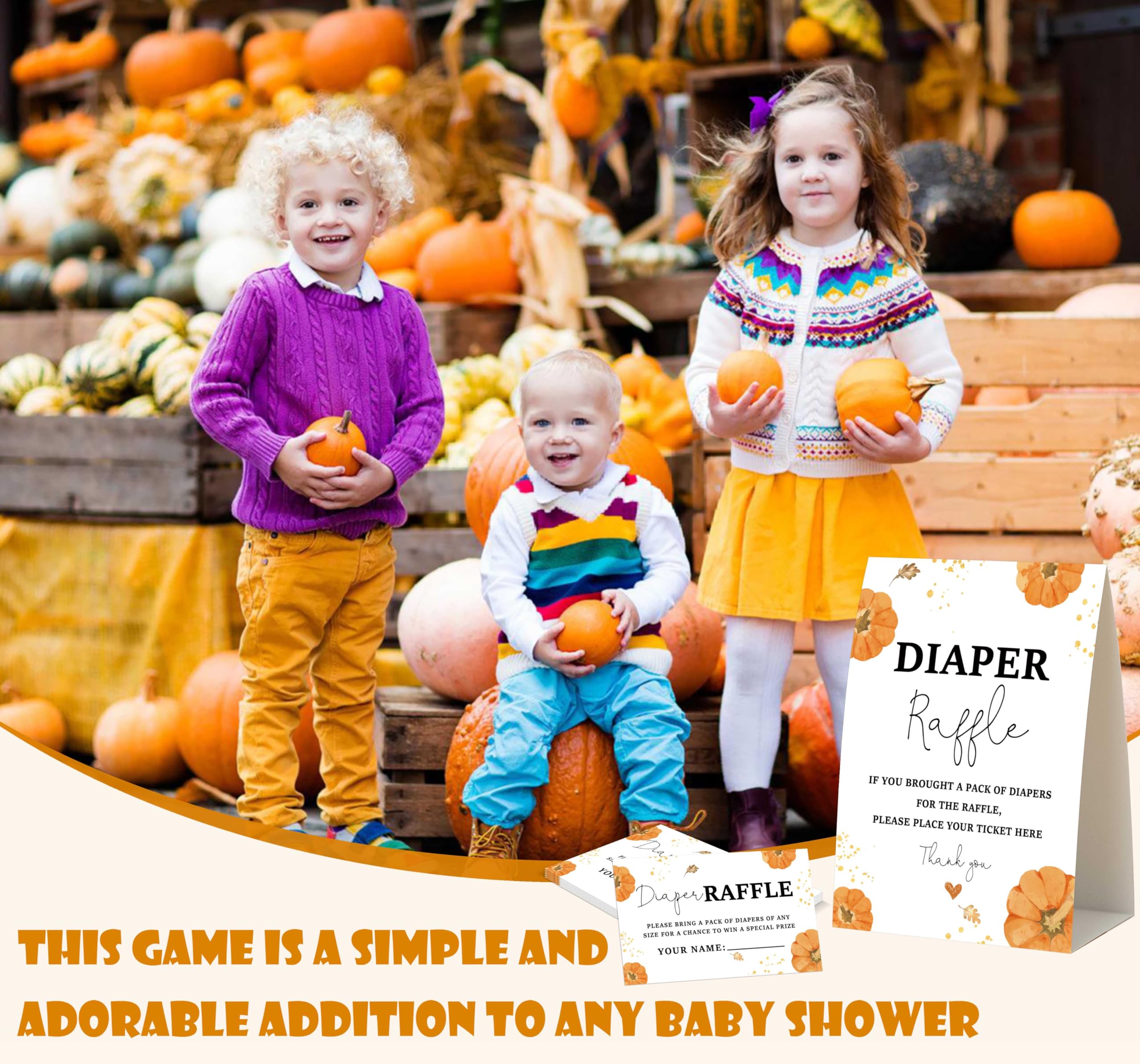 Baby Shower Games - Little Pumpkin Diaper Raffle, 1 Sign and 50 Diaper Raffle Tickets, Gender Reveal Game, Fall Baby Shower Decoration Supplies (RNB05)