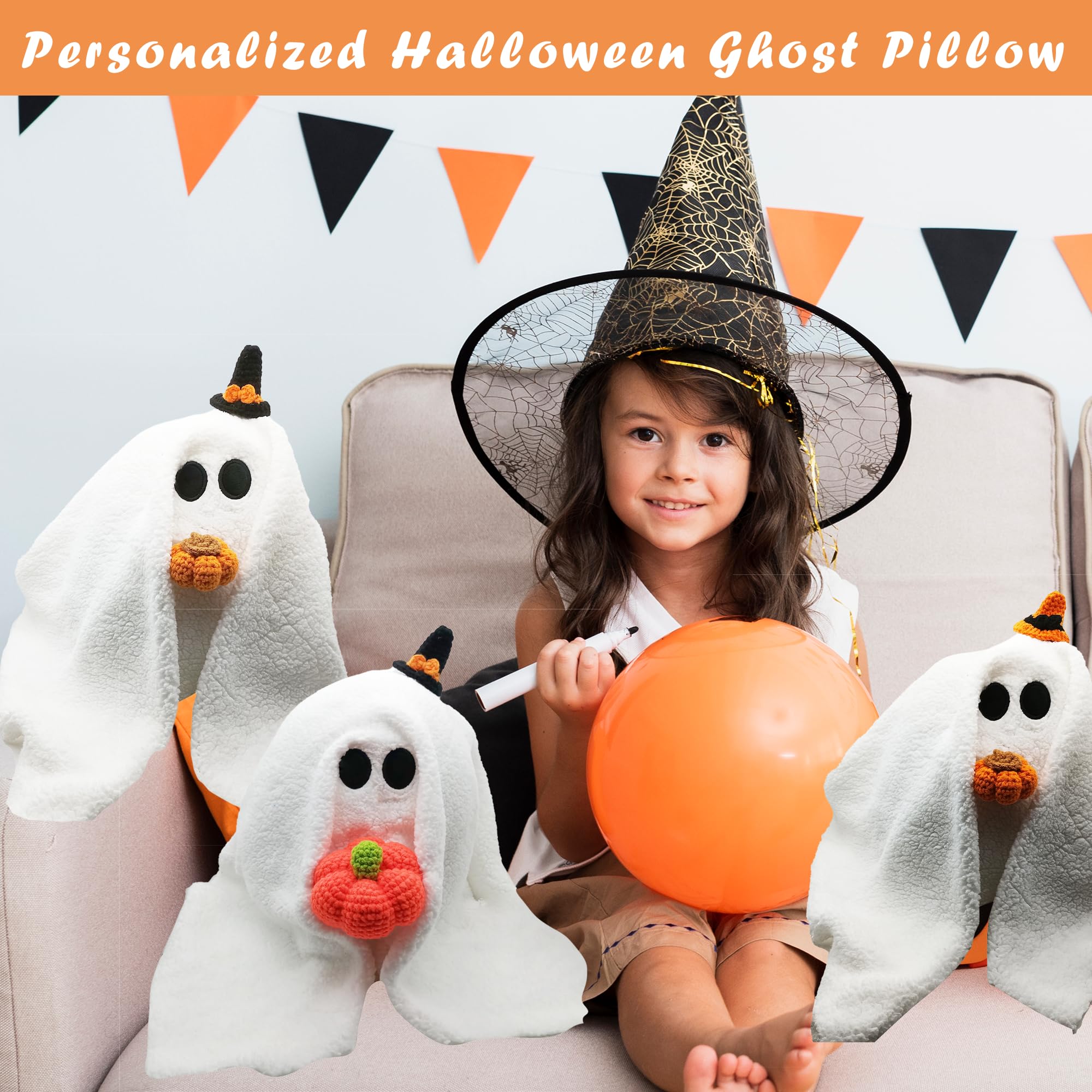 HUAXMADE Personalized Custom Halloween Ghost Pillow with Pumpkin, Gus The Ghost Halloween Knit Plush Soft Pumpkin Pillow for Halloween Decorations