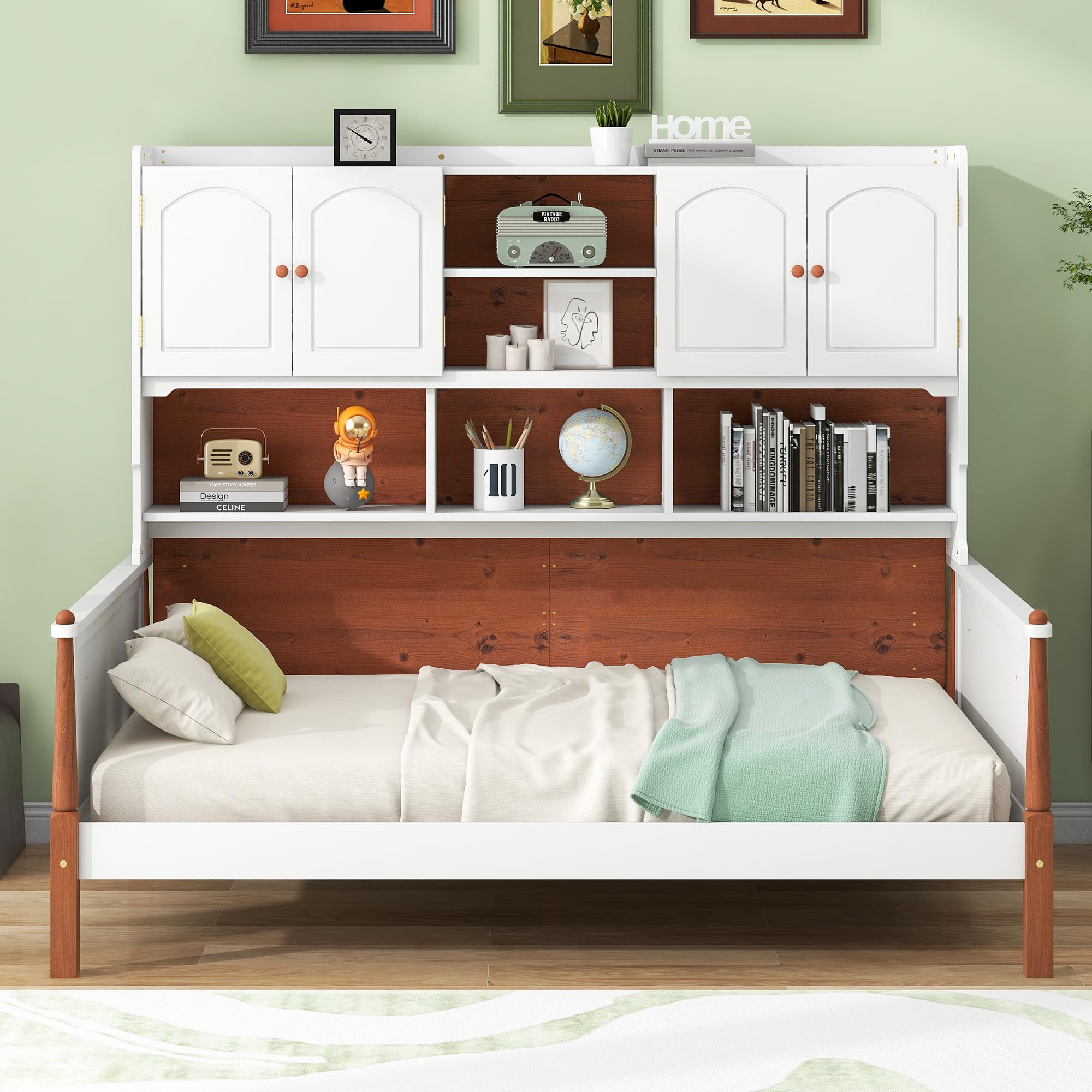 Harper & Bright Designs Twin Daybed with Bookcase Headboard, Twin Size Platform Bed with Storage Cabinet,Wood Twin Bed Frame for Kids Teens Adults (White+Walnut)