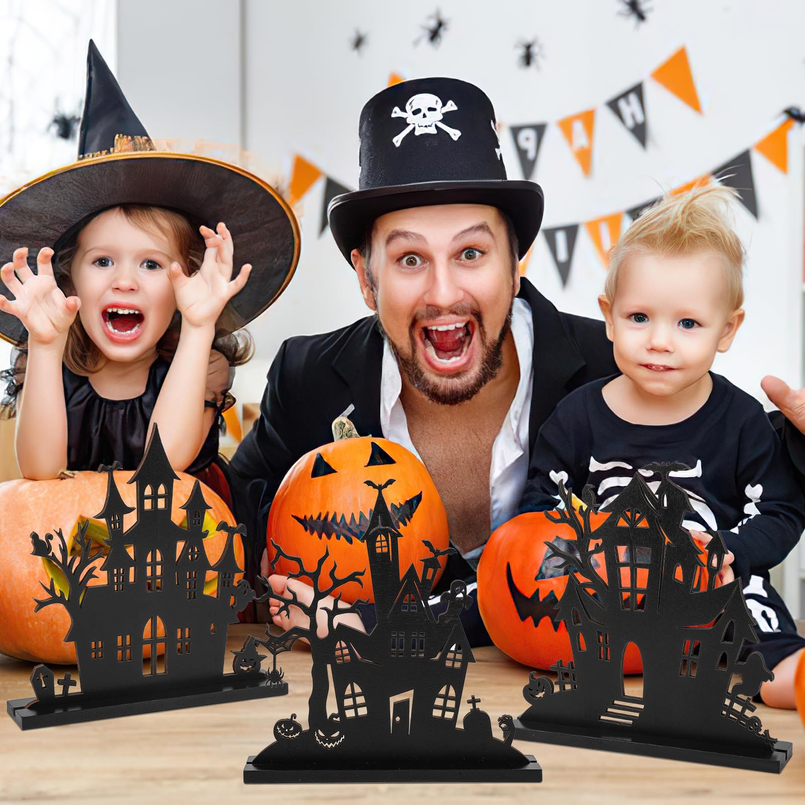 3Pcs Halloween Wooden Tabletop Centerpiece Decorations,Wooden Double-Sided Printing Silhouette Sketch Ghost House Decoration Ornaments,Halloween Desk Tiered Tray Decor for Indoor Home Kitchen Party