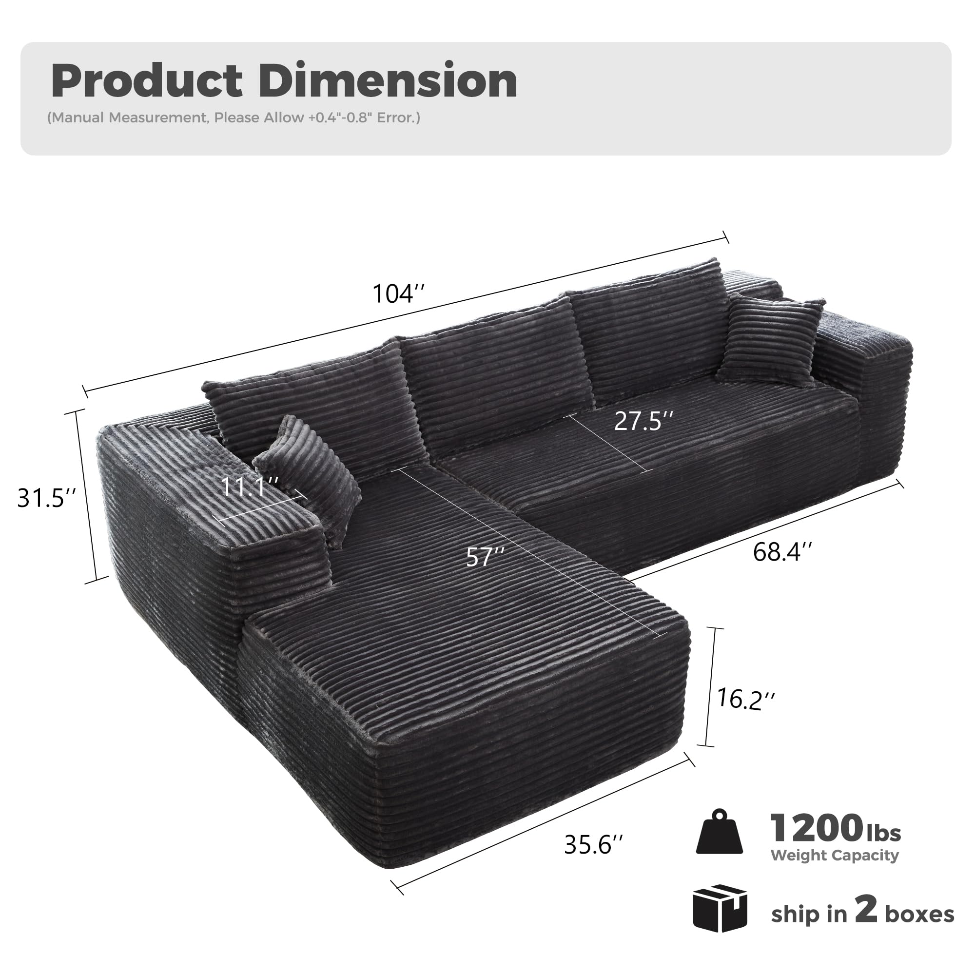 HOOOWOOO Sectional L Shaped Couch,104" Assembly Free Modern Minimalist Sofa,Extra Deep Large Sofa Couch Set,Corner Couch in A Box for Living Room(Left Chaise Gray Velvet Uphosted)