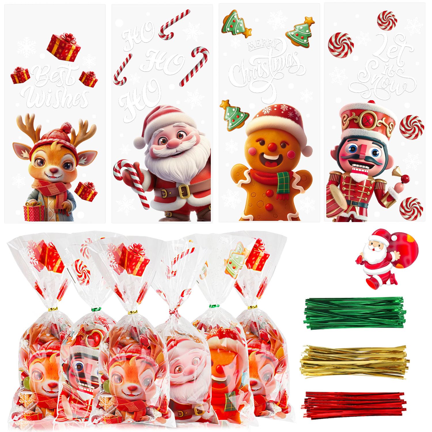 LOKIPA 120PCS Christmas Cellophane Treat Bags, 4 Styles Christmas Cello Candy Goody Bags Clear Christmas bags with 150 Twist Ties for Christmas Party Supplies