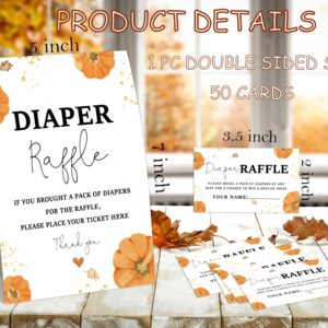 Baby Shower Games - Little Pumpkin Diaper Raffle, 1 Sign and 50 Diaper Raffle Tickets, Gender Reveal Game, Fall Baby Shower Decoration Supplies (RNB05)