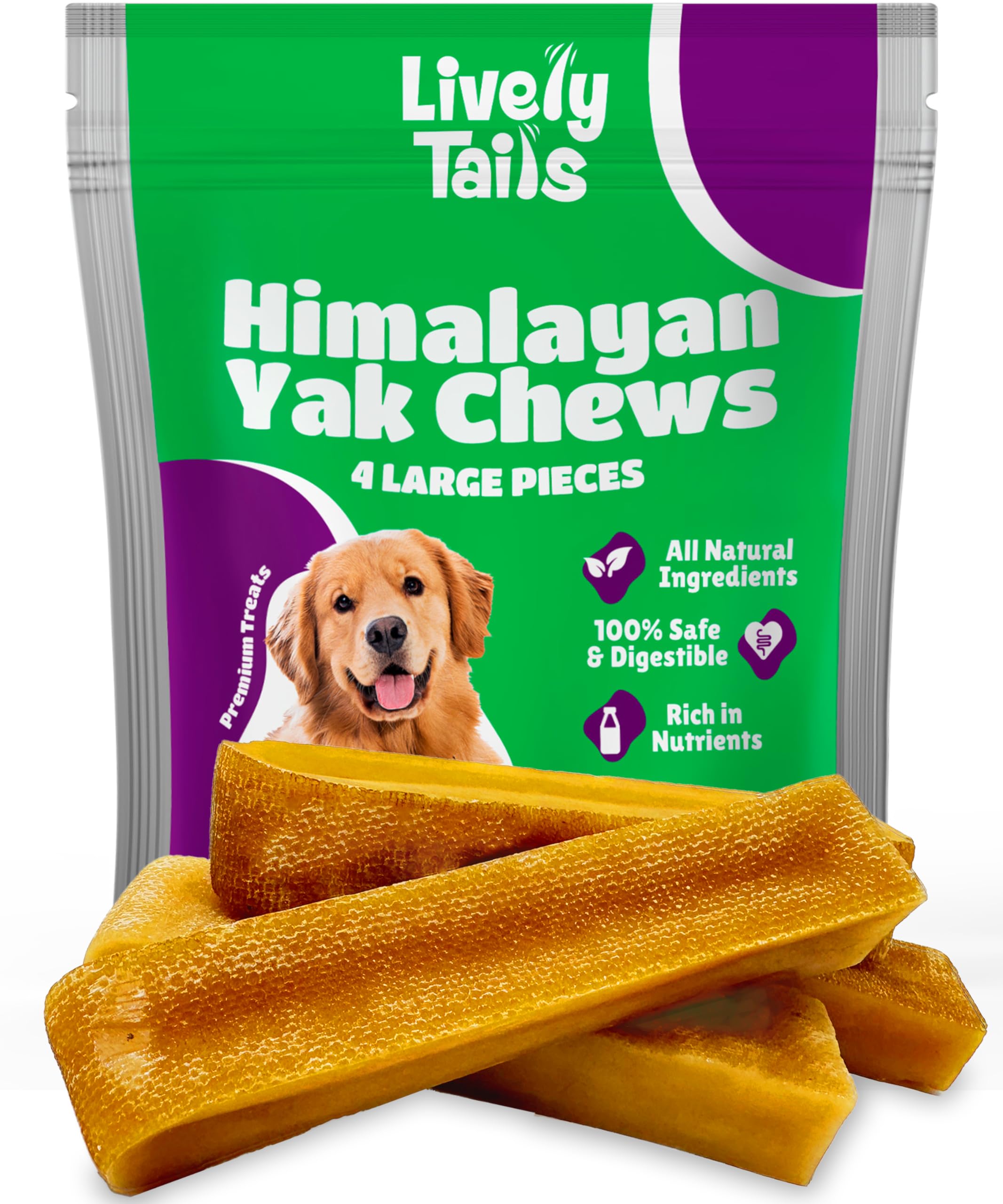 Healthy Yak Cheese Himalayan Chews, All-Natural & High in Protein, Odorless & Long Lasting Yak Chews for Large Dogs & Medium Dogs, Yak Cheese Dog Chews for Aggressive Chewers, 4 Large Pieces.