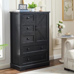 soowery black dresser for bedroom, 5 drawers farmhouse wood dresser with double storage cabinet, 48 inches tall dresser for bedroom, hallway