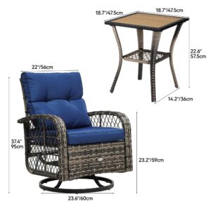 YITAHOME 3 Piece Patio Outdoor Swivel Glider Rocker Wicker Patio Bistro Rocking Set with Wood-Grain Table for Garden, Backyard and Balcony (Navy Blue)