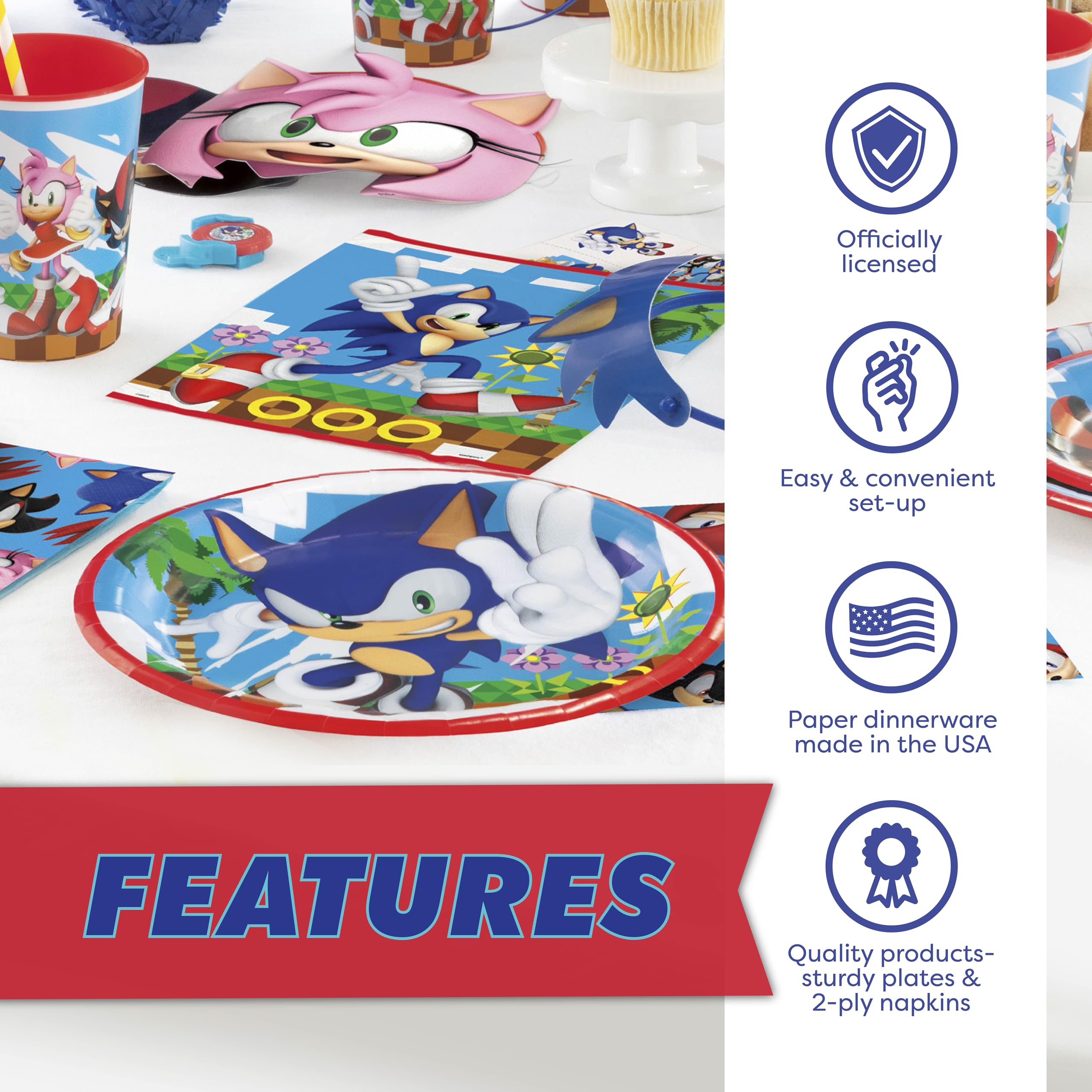 Sonic Birthday Party Decorations for 16 | Banner, Tablecloth, Sonic Plates and Napkins, Sticker | Sonic Party Decorations | Officially Licensed