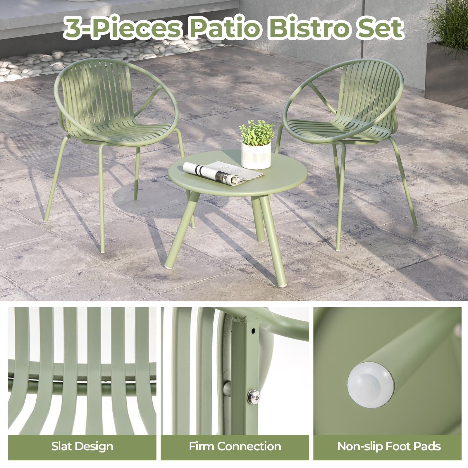 Tangkula 3 Pieces Bistro Set, All Weather PP Patio Conversation Set, Heavy-Duty Metal Frame Outdoor Acapulco Chair Set w/Round Coffee Table, 2 Chairs and Side Table Set for Deck, Balcony (Green)