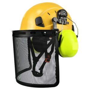 caarla industrial safety helmet c+e forestry industrial safety helmet with mesh face shield earmuffs chainsaw cutting woodworking ansi hard hat logger work caps(yellow gr1 mesh)