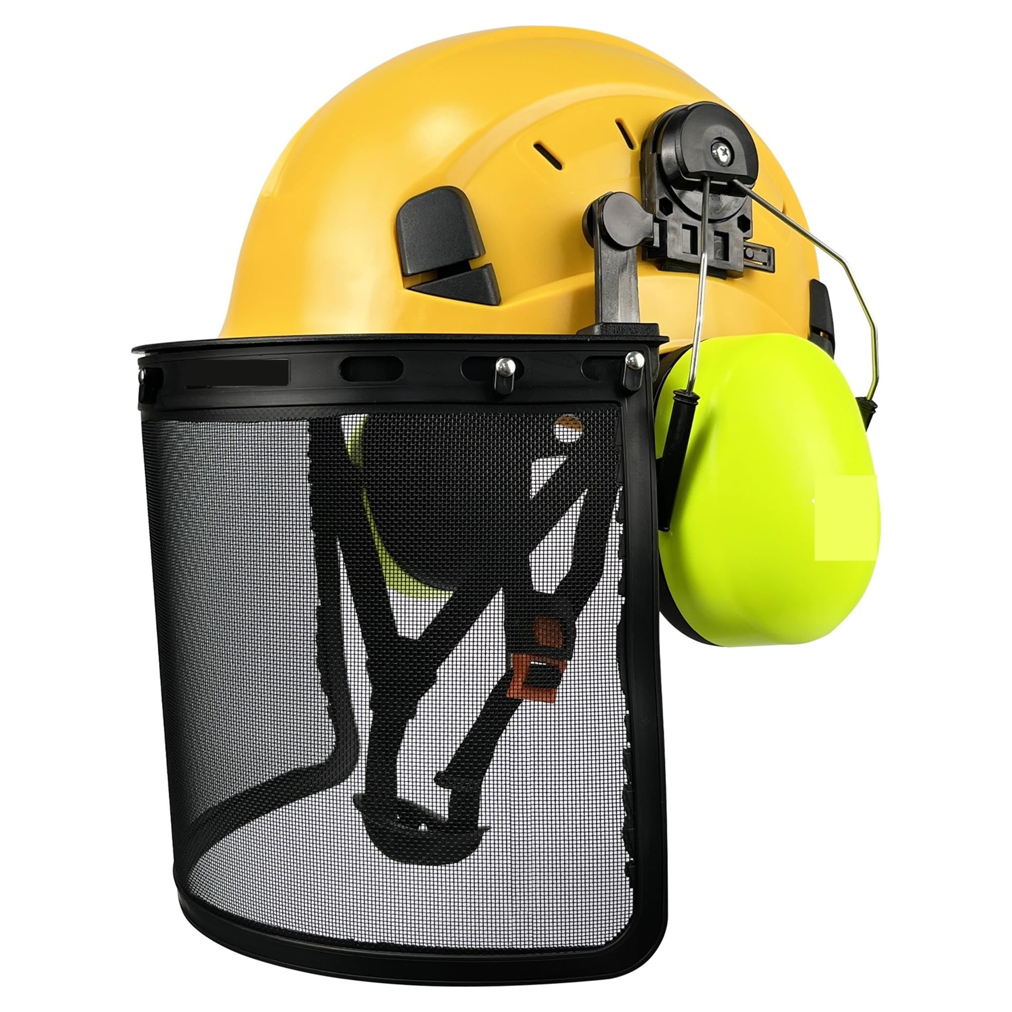 CAARLA Industrial Safety Helmet C+E Forestry Industrial Safety Helmet with Mesh Face Shield Earmuffs Chainsaw Cutting Woodworking ANSI Hard Hat Logger Work Caps(Yellow GR1 Mesh)