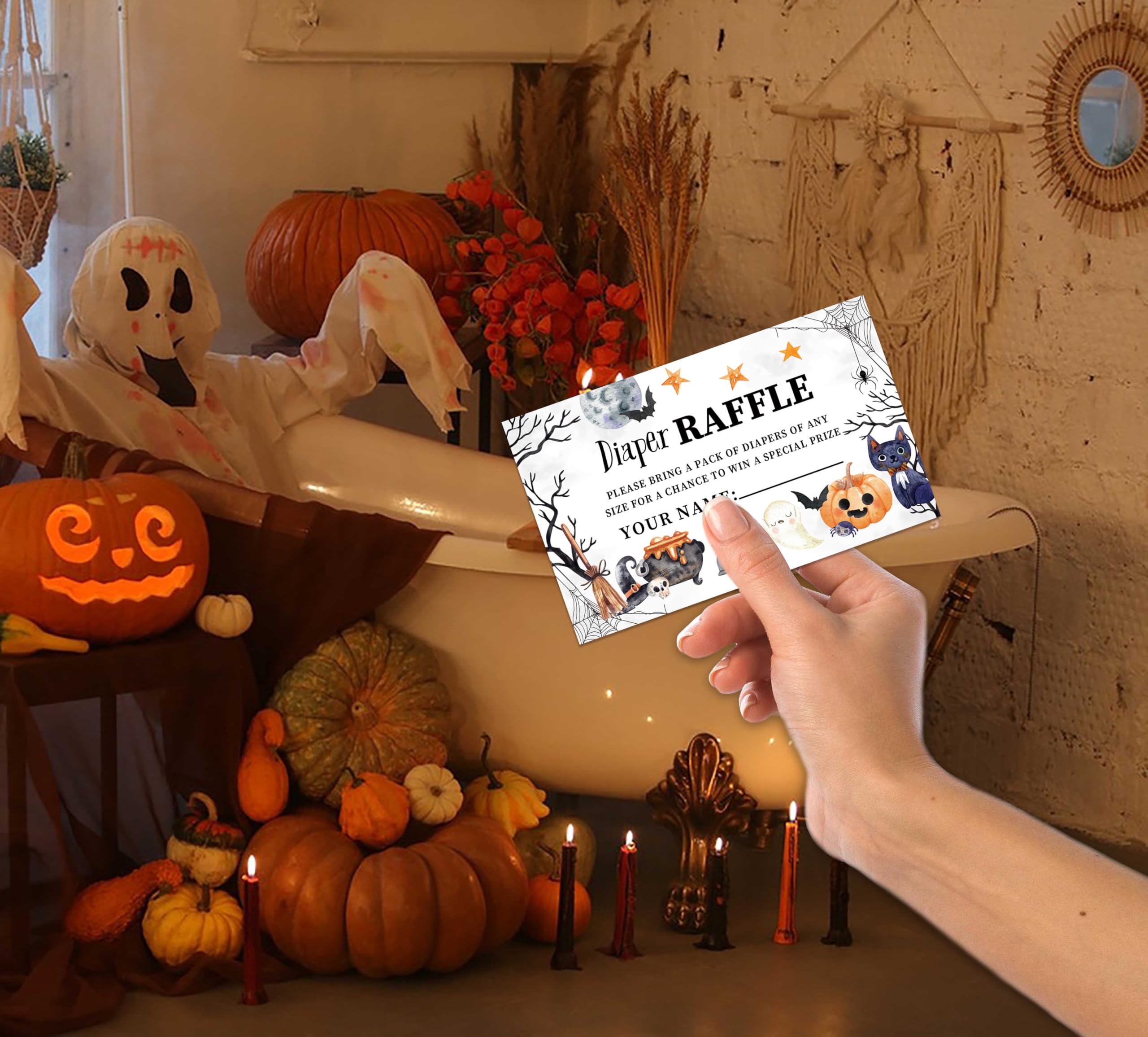 Baby Shower Games - Halloween Diaper Raffle, 1 Sign and 50 Diaper Raffle Tickets, Gender Reveal Game, A Baby is Brewing Halloween Baby Shower Decoration Supplies (RNB02)