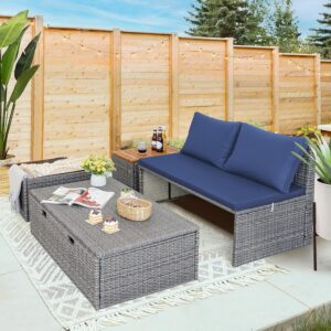 Devoko Patio Day Bed Outdoor Daybed Set Multifunctional Rattan Lounge Bed with 2 Side Tables for Backyard Porch Poolside Lawn Beach (Navy Blue)