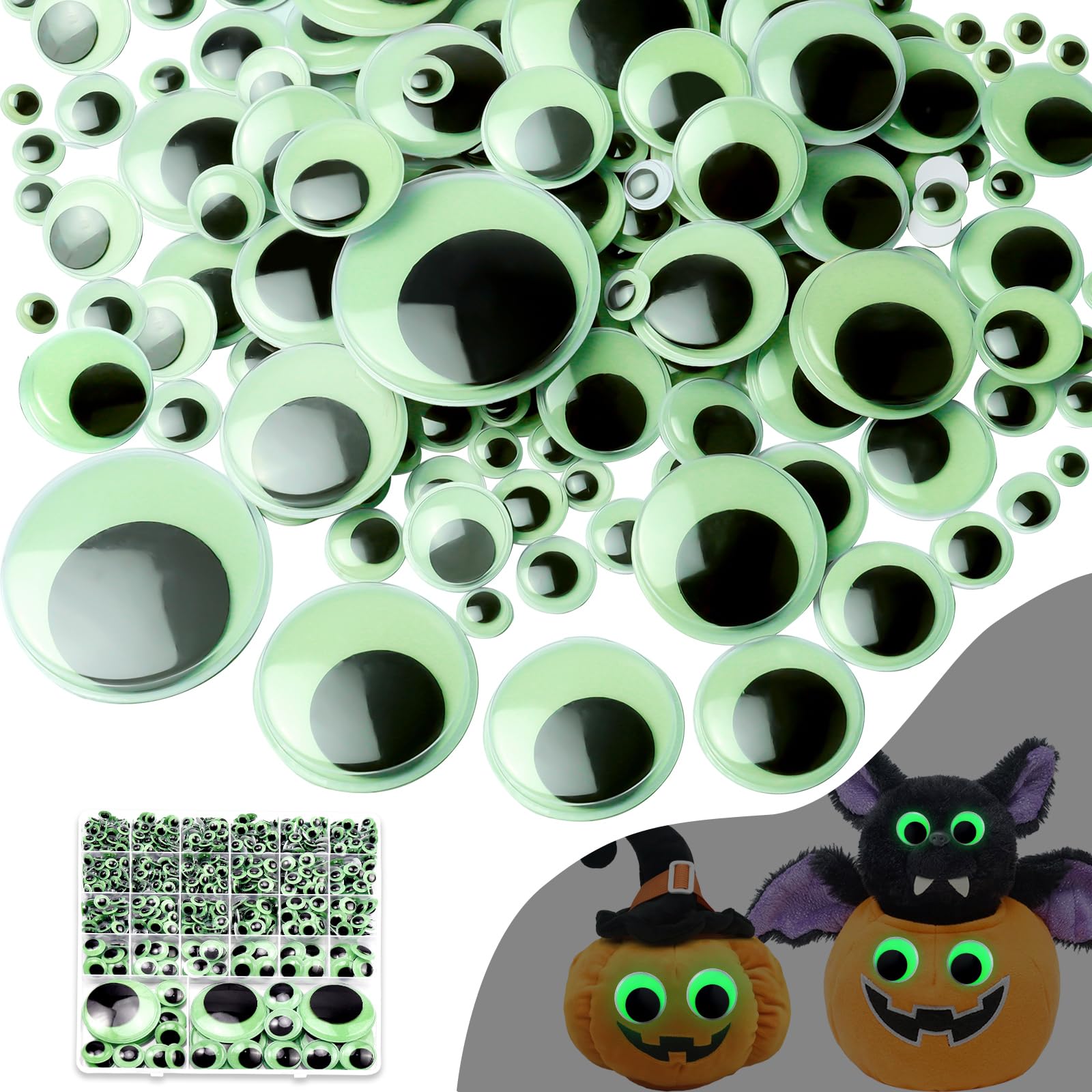 fulasiteu 505pcs Googly Eyes Self Adhesive, Glow in The Dark Wiggle Googly Eyes, 8mm to 50mm Plastic Green Sticker Luminous Eyes for DIY Crafts Scrapbooking Decoration