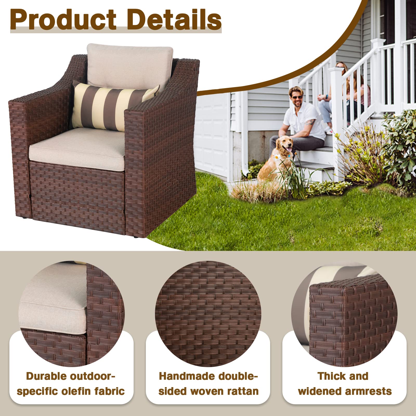 Brightpeak 5 Piece Patio Conversation Set, Outdoor Furniture Set, Brown Wicker Lounge Chair with Ottoman Footrest, W/Coffee Table & Beige Cushions for Garden, Patio, Balcony, Deck