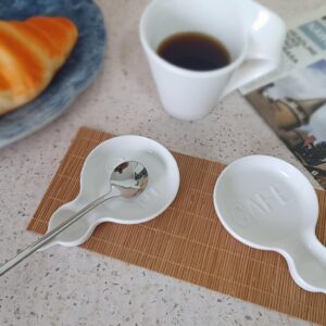 Coffee Spoon Rest for Coffee Bar Accessories, Small Spoon Rest for Coffee Station, Ceramic Tea Spoon Rest Tea Spoon Holder Teaspoon Rest (White, CAFE Pattern)