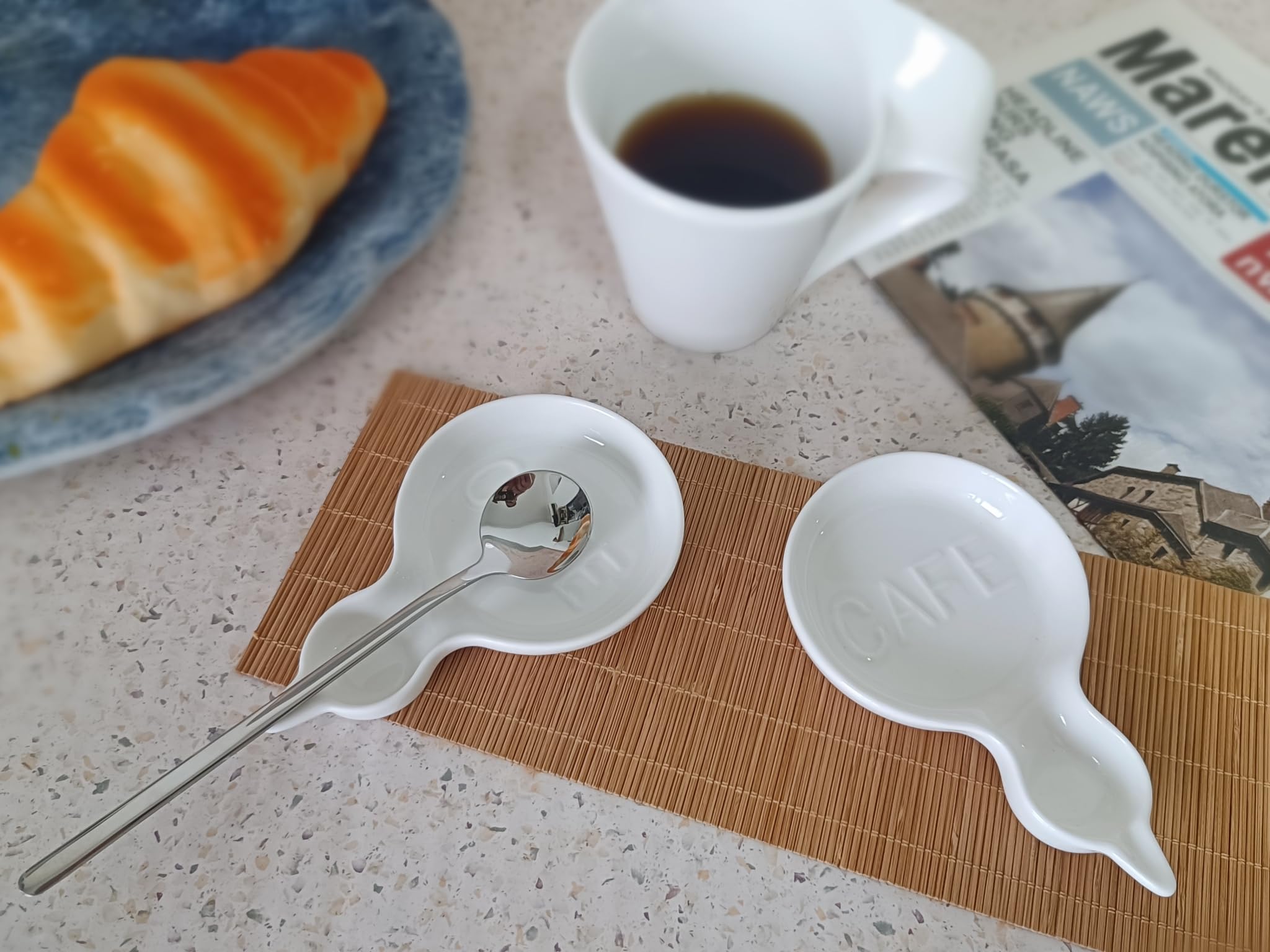 Coffee Spoon Rest for Coffee Bar Accessories, Small Spoon Rest for Coffee Station, Ceramic Tea Spoon Rest Tea Spoon Holder Teaspoon Rest (White, CAFE Pattern)