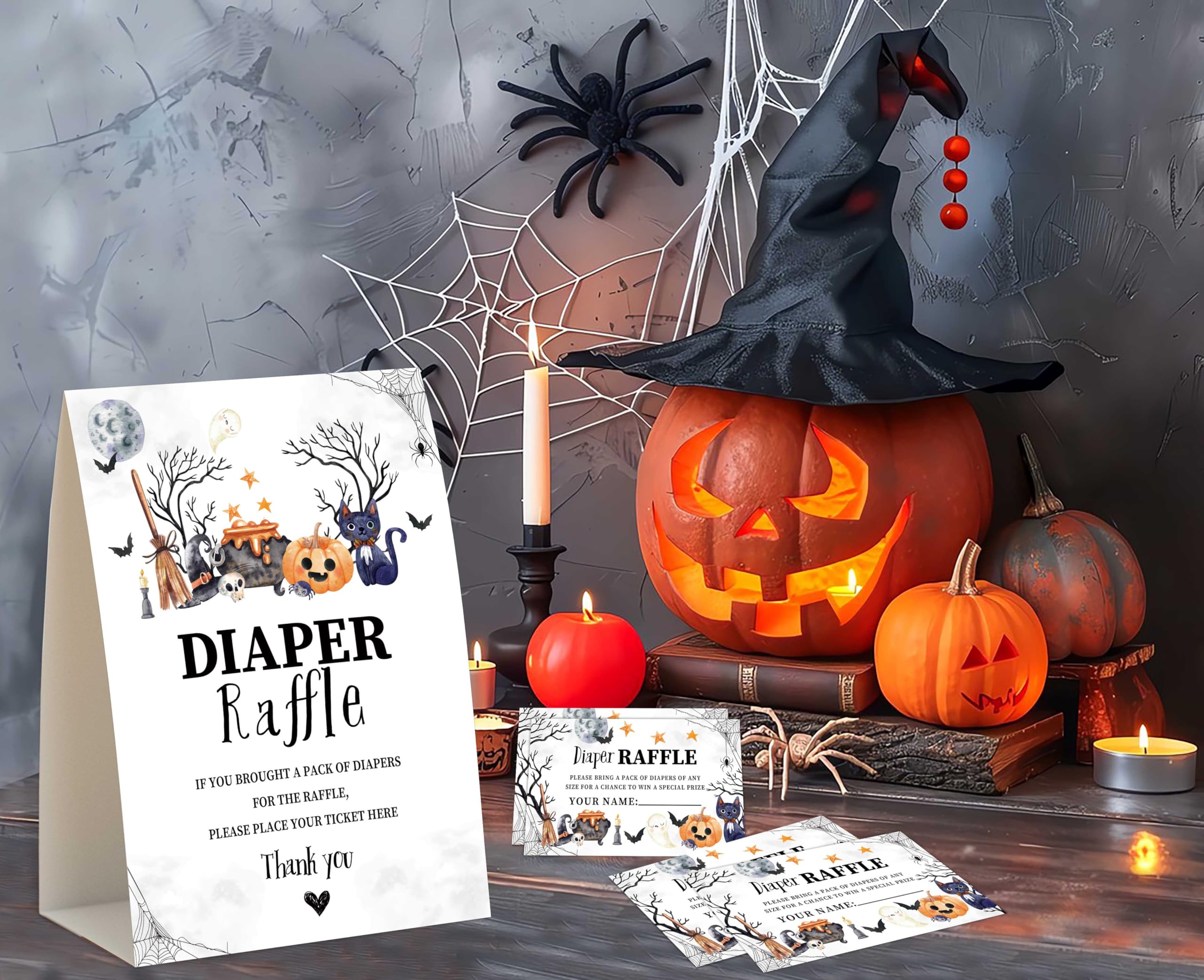 Baby Shower Games - Halloween Diaper Raffle, 1 Sign and 50 Diaper Raffle Tickets, Gender Reveal Game, A Baby is Brewing Halloween Baby Shower Decoration Supplies (RNB02)