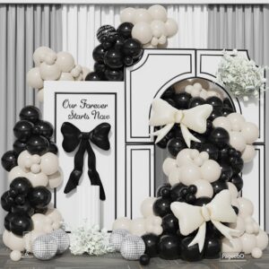 bow balloon garland arch kit, 146 pcs black and white bowtie iridescent disco ball foil balloon for birthday anniversary wedding bridal gender reveal supplies bachelorette tea ribbon party decoration