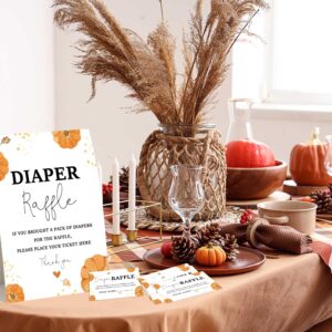 Baby Shower Games - Little Pumpkin Diaper Raffle, 1 Sign and 50 Diaper Raffle Tickets, Gender Reveal Game, Fall Baby Shower Decoration Supplies (RNB05)