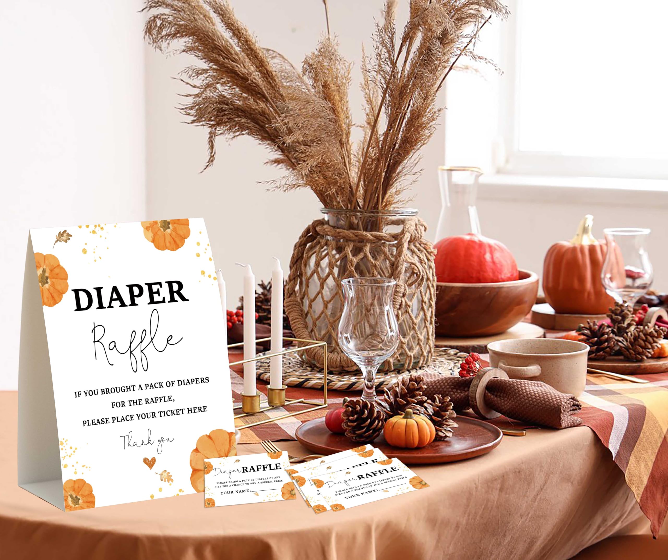 Baby Shower Games - Little Pumpkin Diaper Raffle, 1 Sign and 50 Diaper Raffle Tickets, Gender Reveal Game, Fall Baby Shower Decoration Supplies (RNB05)