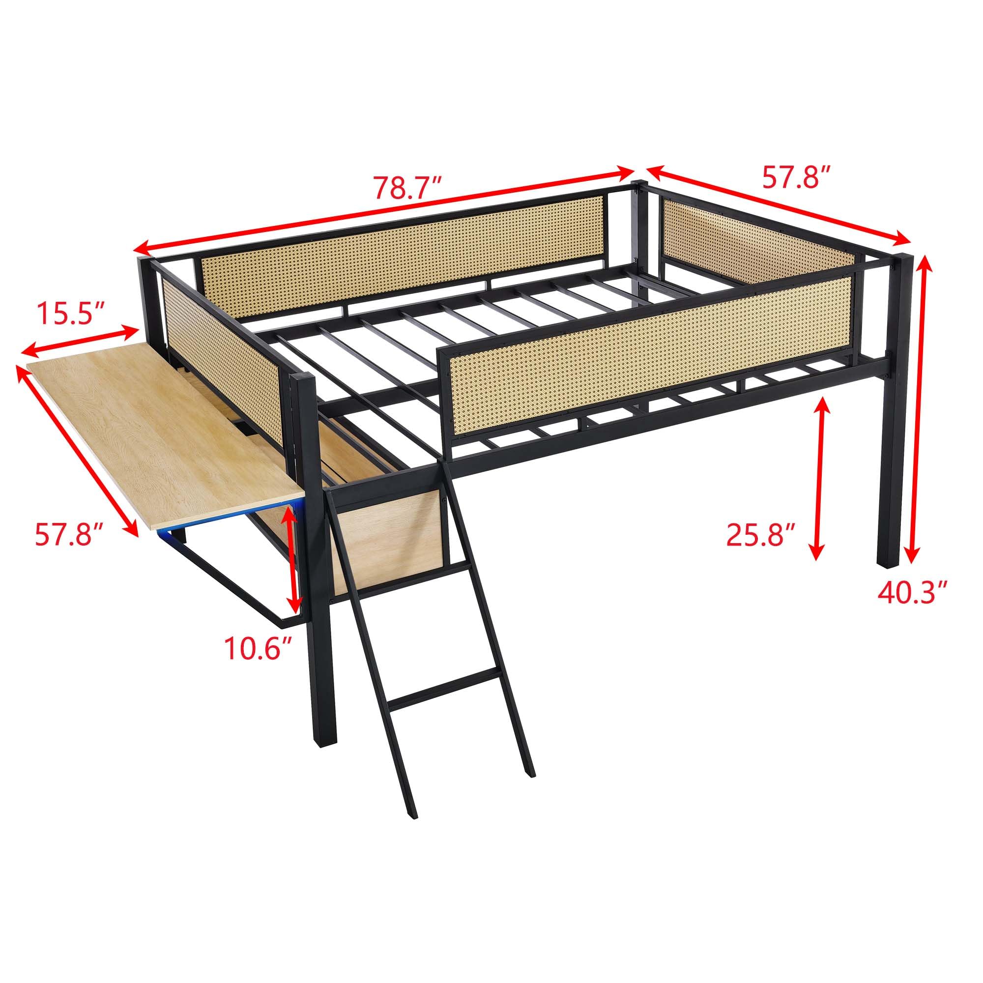 XD Designs Full Size Gaming Mid Loft Bed with Rectangular Desk and Vented Mesh Underbed Storage, Metal Low Loft Bed Frame with Safety Guard and Ladder for Kids Teens Boys Girls (Black+Natural, Full)