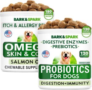 omega 3 + probiotics for dogs bundle - itchy skin + skin allergy - digestive enzymes + epa & dha fatty acids - diarrhea gas treatment upset + itch relief - 480 chews - made in usa