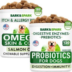 Omega 3 + Probiotics for Dogs Bundle - Itchy Skin + Skin Allergy - Digestive Enzymes + EPA & DHA Fatty Acids - Diarrhea Gas Treatment Upset + Itch Relief - 480 Chews - Made in USA