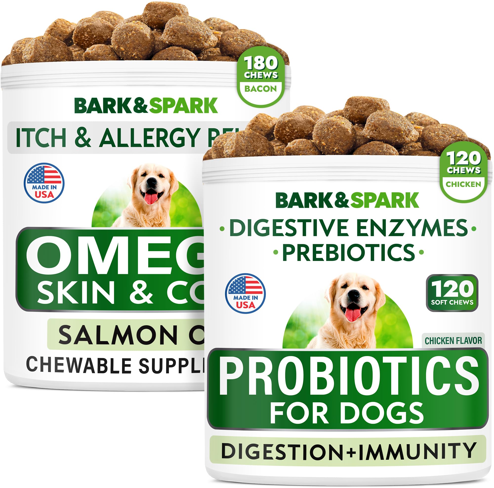 Omega 3 + Probiotics for Dogs Bundle - Itchy Skin + Skin Allergy - Digestive Enzymes + EPA & DHA Fatty Acids - Diarrhea Gas Treatment Upset + Itch Relief - 480 Chews - Made in USA