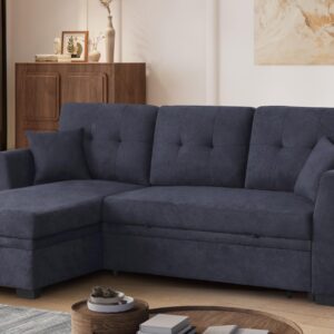 YOPTO 81.5" Sectional Sleeper Sofa Bed,Convertible L Shaped Pull Out Couch with Storage Chaise & Pillow,Woven Upholstered Loveseat W/Removable Back Cushion for Living Room,Apartment,Office,Dark Blue