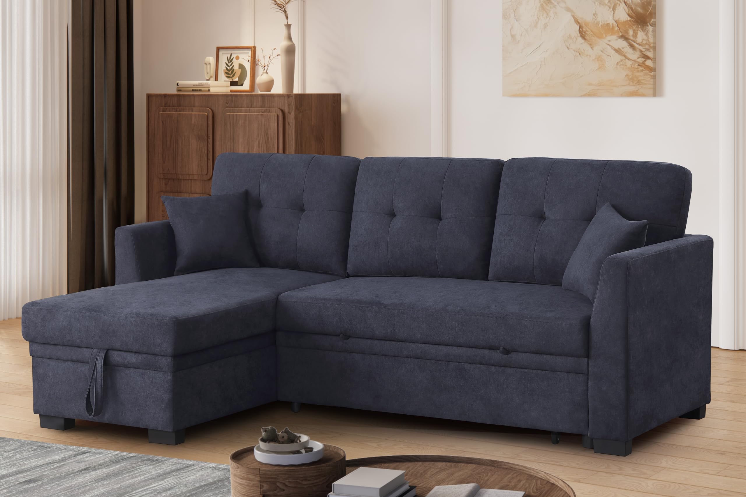 YOPTO 81.5" Sectional Sleeper Sofa Bed,Convertible L Shaped Pull Out Couch with Storage Chaise & Pillow,Woven Upholstered Loveseat W/Removable Back Cushion for Living Room,Apartment,Office,Dark Blue