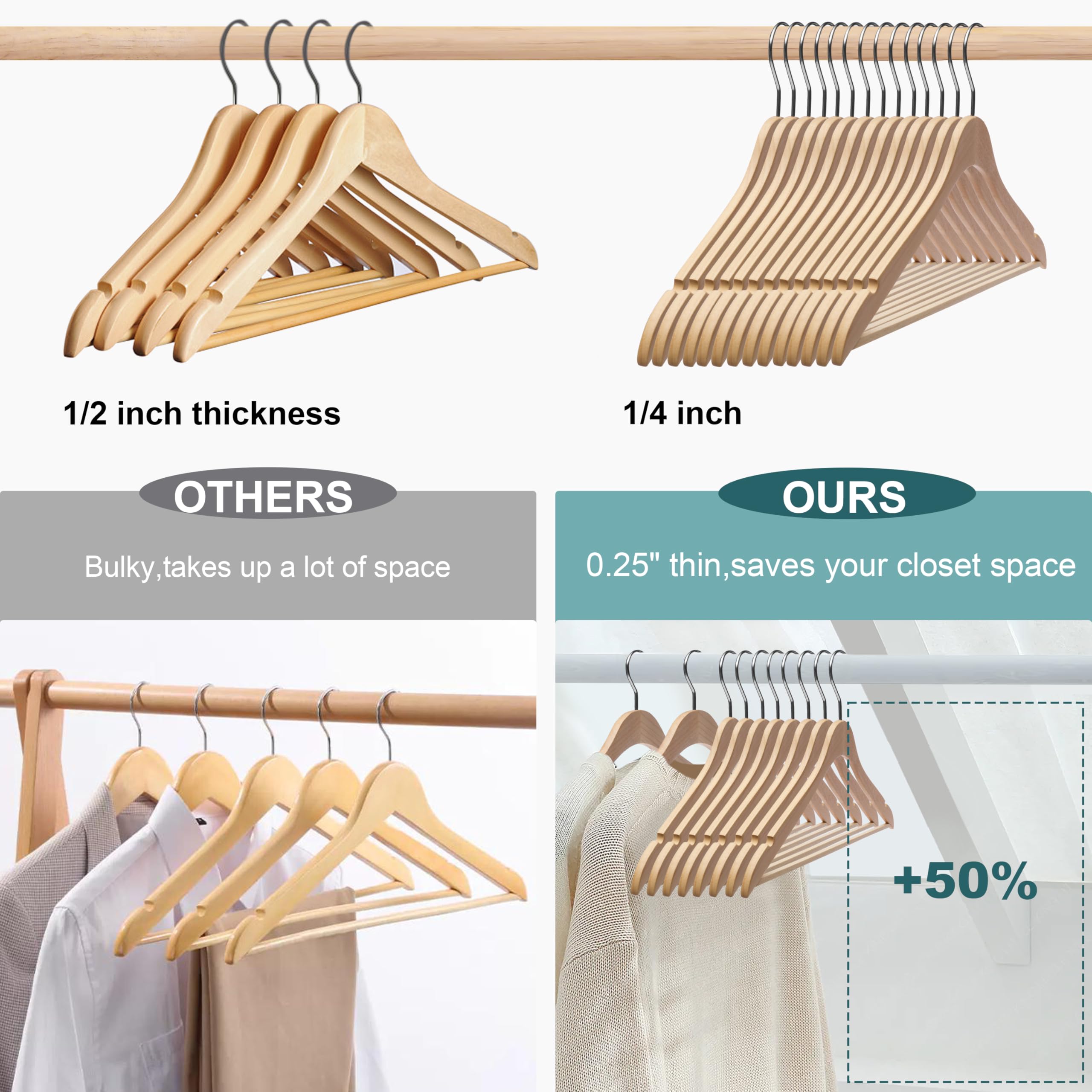 Quality Hangers 16.5" Wooden Hangers Multi Pack, Ultra Thin Space Saving Natural, 360 Degree Swivel Hook, Best for Shirts, Blouses, Pant, Suit, Coat, Dress Hangers Natural (20, Natural, With Pant Bar)