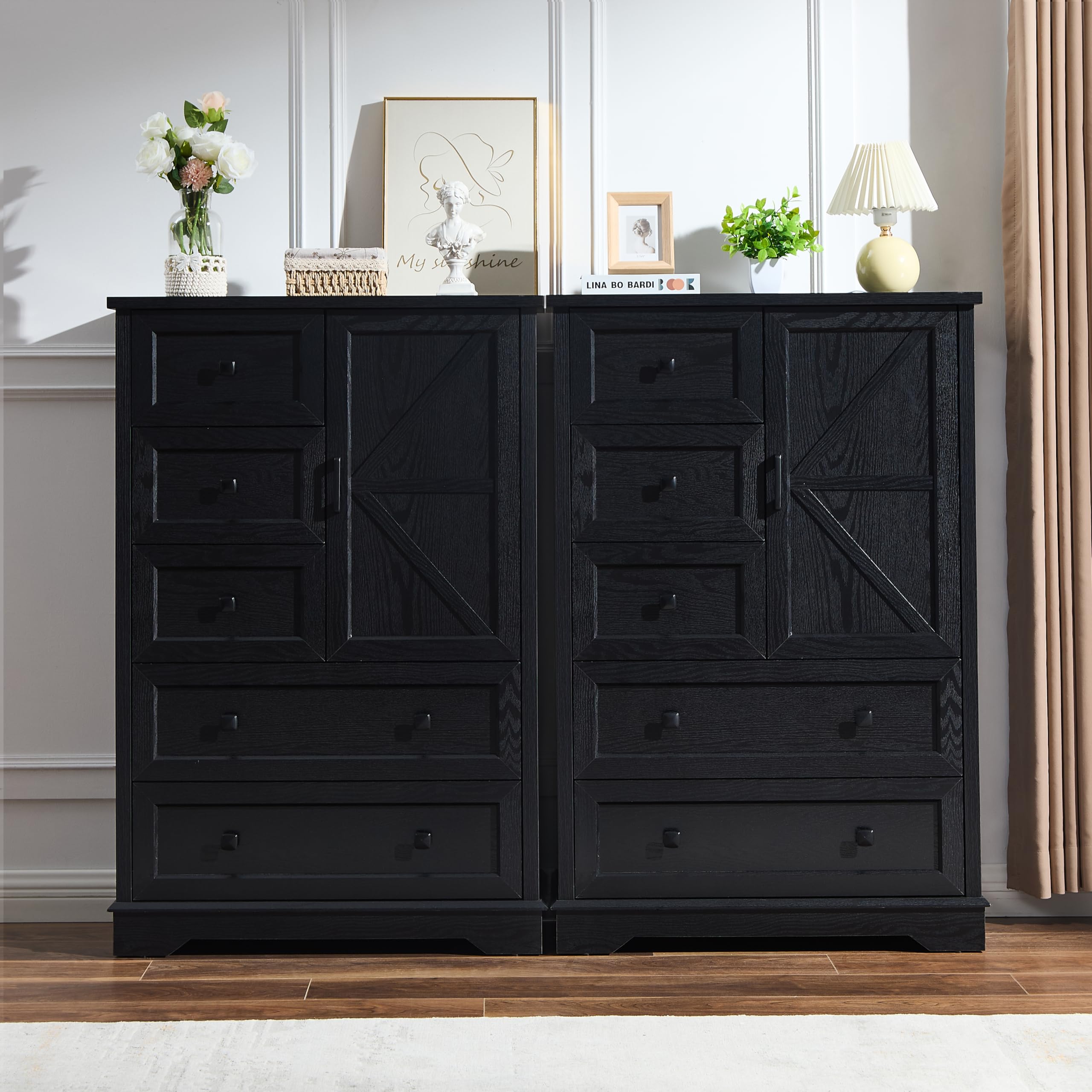 SOOWERY Black Dresser for Bedroom, 5 Drawers Farmhouse Wood Dresser with Double Storage Cabinet, 48 Inches Tall Dresser for Bedroom, Hallway