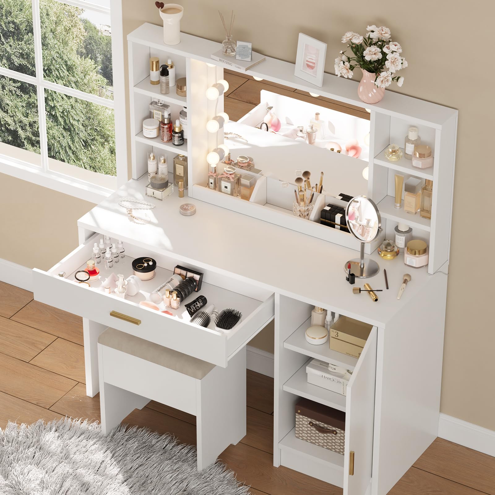 Vanity Desk with Mirror and Lights, 43'' Tabletop Makeup Vanity with Multiple Shelves & Large Cabinet, 3 Color Lighting Modes Adjustable Brightness, Makeup Table with Soft Cushioned Stool, White