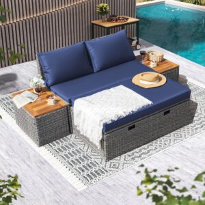 Devoko Patio Day Bed Outdoor Daybed Set Multifunctional Rattan Lounge Bed with 2 Side Tables for Backyard Porch Poolside Lawn Beach (Navy Blue)