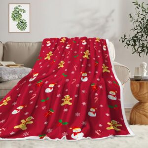 Christmas Gingerbread Blanket, Red Xmas Snowman Snowflake Gingerbread Cherry Throw Blanket, for Boys Girls Lightweight Soft Plush Blankets Couch Sofa Bed Blanket 50"X60"in