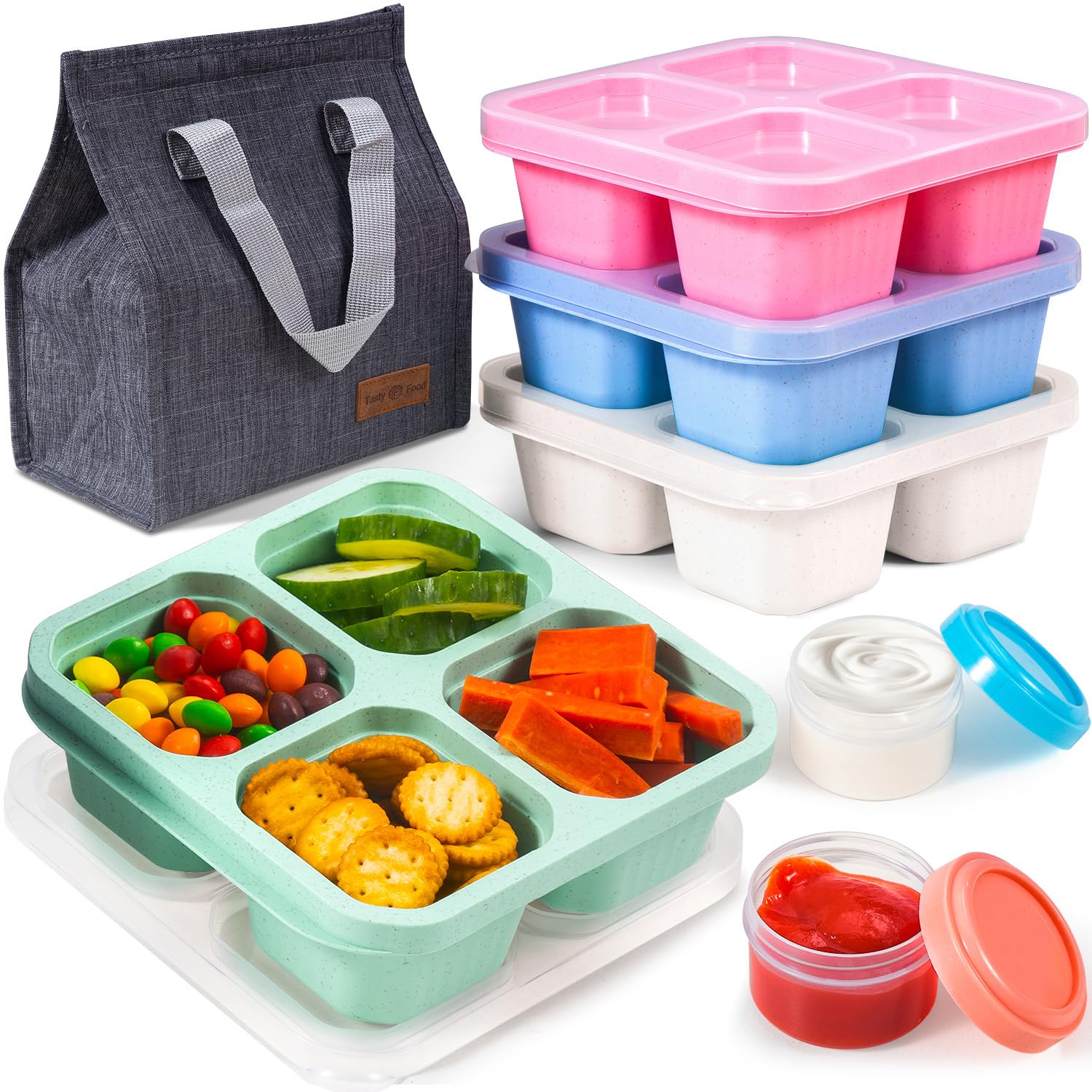 KTKUDY 4 Pack Snack Containers with lunch Bag & Sauce Box - 4 Compartments Bento Snack Box - Reusable Meal Prep Lunch Container for Kids Adults - Divided Food Storage Containers for School Work Travel