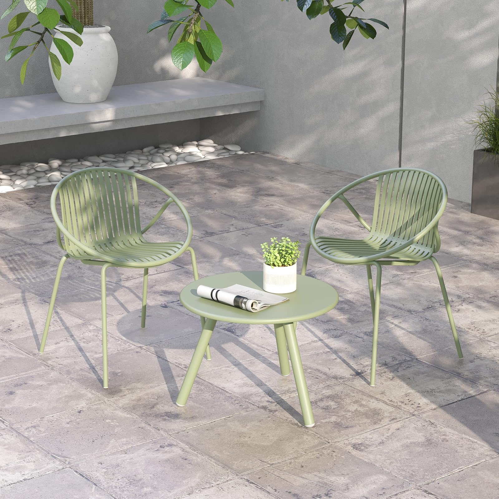 Tangkula 3 Pieces Bistro Set, All Weather PP Patio Conversation Set, Heavy-Duty Metal Frame Outdoor Acapulco Chair Set w/Round Coffee Table, 2 Chairs and Side Table Set for Deck, Balcony (Green)