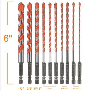 Concrete Carbide Drill Bits Hex Shank Masonry Cement Tile Drill Bit Set for Glass/Brick/Plastic/Cement/Tile 5/32"-1/2" (10PCS)