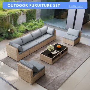 8-Piece Wicker Patio Furniture Set, Outdoor Conversation Set Sectional Sofa with Water Resistant Thick Cushions and Coffee Table, Grey