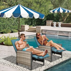 Brightpeak 2 Pack Patio Wicker Chaise Lounge Chair, Outdoor Rattan Reclining Pool Chair with Thick Padded Cushion & Adjustable Backrest for Outside, Lawn, Pool (Peacock Blue)