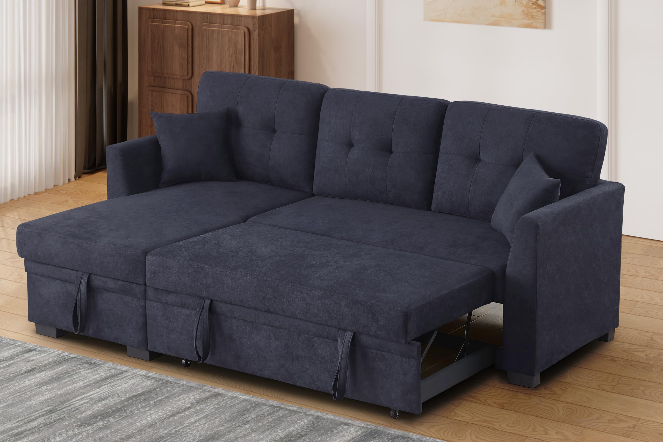 YOPTO 81.5" Sectional Sleeper Sofa Bed,Convertible L Shaped Pull Out Couch with Storage Chaise & Pillow,Woven Upholstered Loveseat W/Removable Back Cushion for Living Room,Apartment,Office,Dark Blue